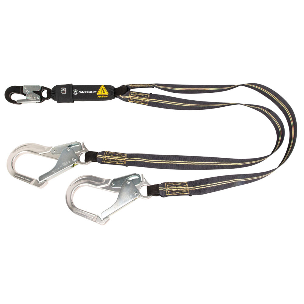 Arc Flash 6′ Energy Absorbing Lanyard: Aramid, Dual Leg, Alu Rebar Hooks Safewaze