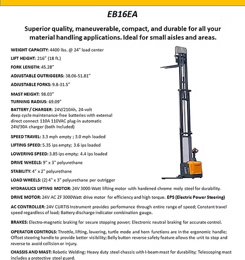 Full Powered Straddle Stacker EB16EA with 216" Lift Height EKKO