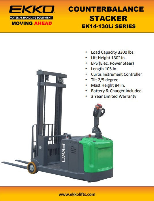 Lithium Counterbalanced Walkie Stacker with Side-Shifting - 3,300 lb Capacity, 130" Lift Height EKKO