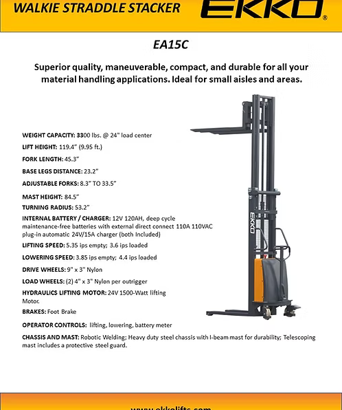 Semi-Electric Fork-Over Stacker with 119.3" Lift Height EKKO