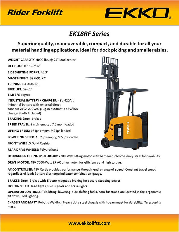 Stand-Up Rider Electric Forklift - 4,000lb with 216" Lift EKKO