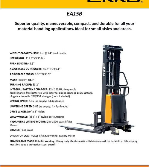 Semi-Electric Straddle Stacker, 3,300 lb Capacity with 119.4" Power Lift EKKO