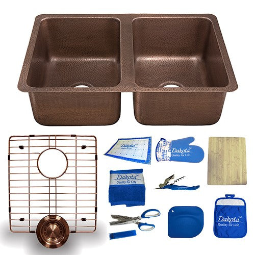 Dakota Sinks DSE-HC5050 Signature Elements Series 32 1/4 Inch 50/50 Handmade Copper Double Bowl Undermount Kitchen Sink - Hammered Copper Dakota Sinks