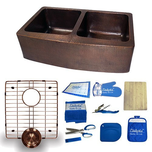 Dakota Sinks DSE-HCA5050 Signature Elements Series 33 Inch 50/50 Handmade Copper Double Bowl Apron Front Kitchen Sink - Hammered Copper Dakota Sinks
