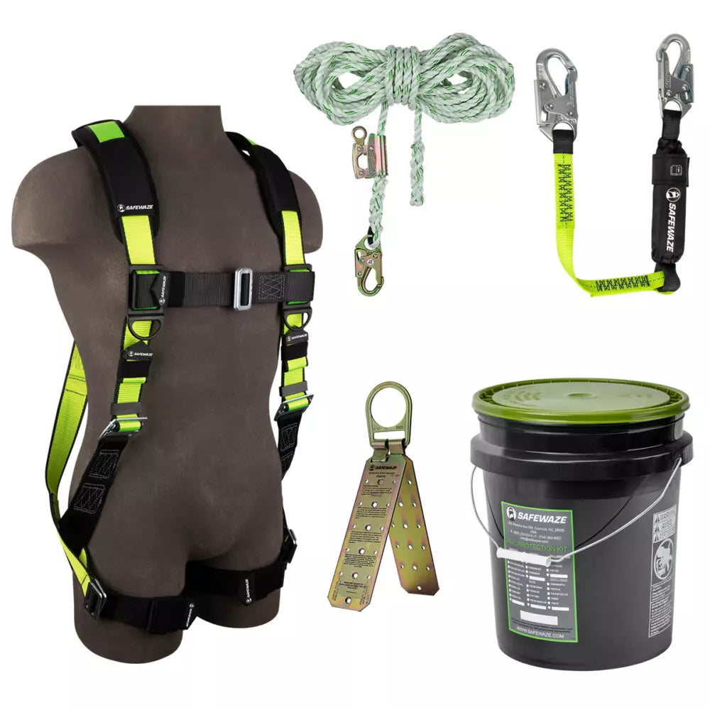 PRO Bucket Roof Kit: FS280 Harness, FS700-50GA VLL, FS560-3 Lanyard, FS870 Anchor Safewaze