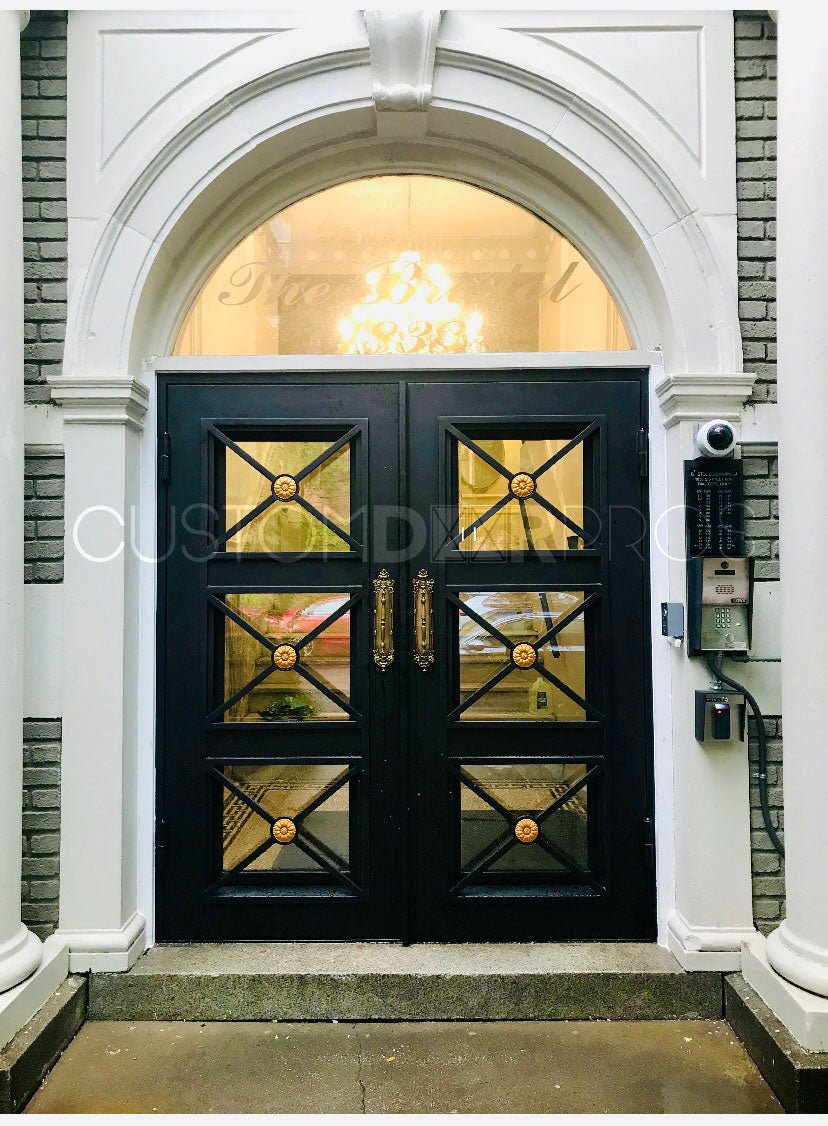 Artemis Double Iron Doors: Regency Style with Tempered Glass & Insulated Flush Bolt System Custom Iron Door Pros