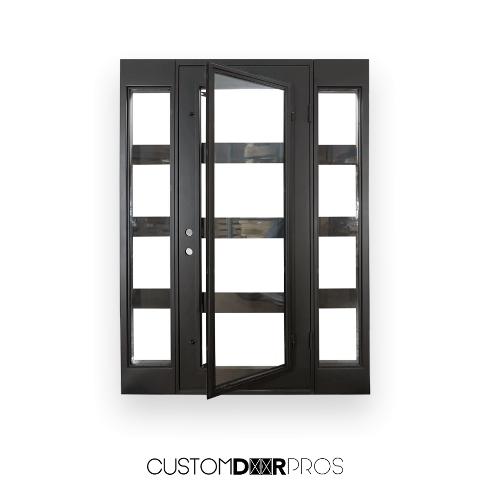 Atlas II Single hinged door with Sidelights sku-41793423245505 Custom Iron Door Pros 81h x 61w R Hand Inswing Black
