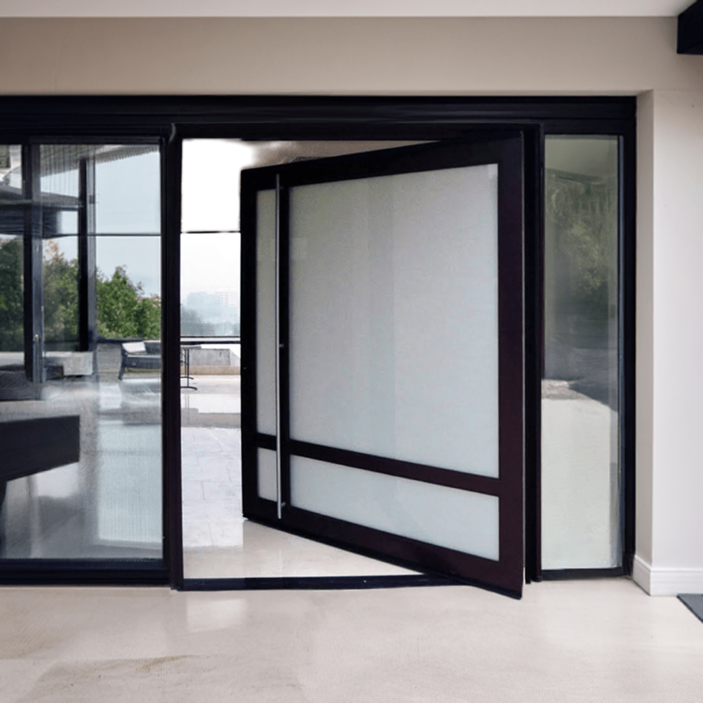Koi Frosted Pivot Door sku-41333974532289 Custom Iron Door Pros 48" x 81" Matte Black Clear Glass