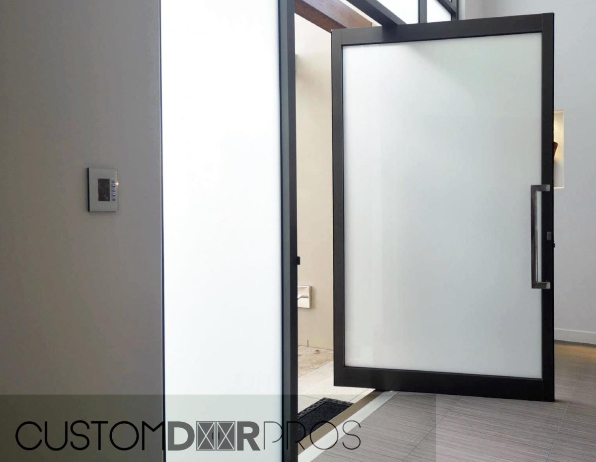 Minimalist Frosted Glass Pivot Door sku-42086641369281 Custom Iron Door Pros 48" x 81" Matte Black Pivot Right Inward