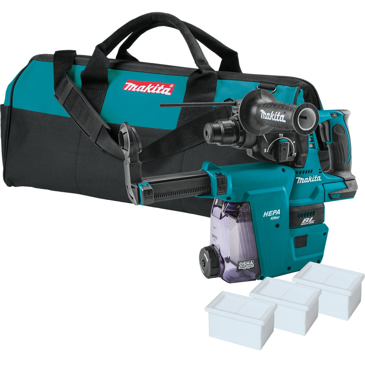 18V LXT® Lithium‑Ion Brushless Cordless 1" Rotary Hammer, accepts SDS‑PLUS bits, w/ HEPA Dust Extractor Attachment, Tool Only Makita