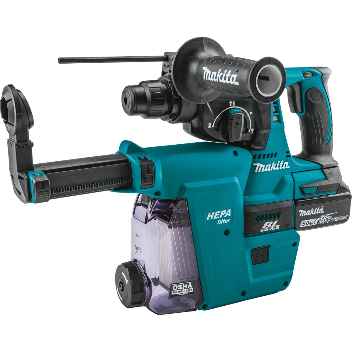 18V LXT® Lithium‑Ion Brushless Cordless 1" Rotary Hammer Kit, accepts SDS‑PLUS bits, w/ HEPA Dust Extractor Attachment (5.0Ah) Makita
