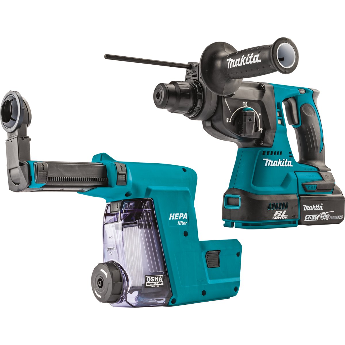 18V LXT® Lithium‑Ion Brushless Cordless 1" Rotary Hammer Kit, accepts SDS‑PLUS bits, w/ HEPA Dust Extractor Attachment (5.0Ah) Makita