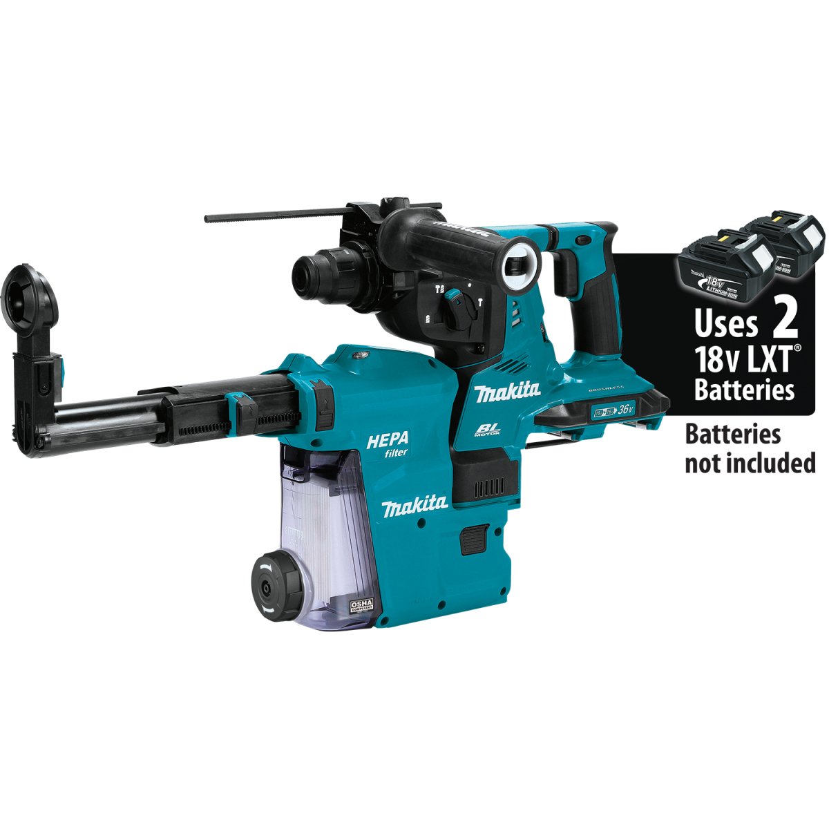 36V (18V X2) LXT® Brushless 1‑1/8" AVT® Rotary Hammer, accepts SDS‑PLUS bits, AFT®, AWS® Capable XRH10ZW Makita Tool w/ HEPA Dust Extractor