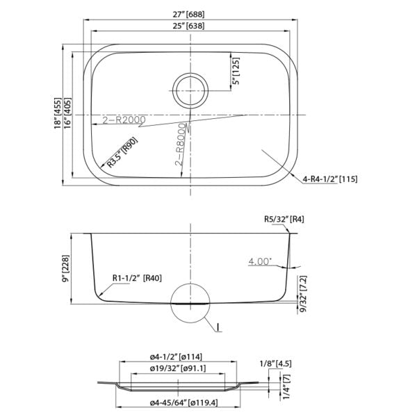 Dakota Signature Standard Radius 16g Single Bowl 27″x18″ w/ grid Dakota Sinks