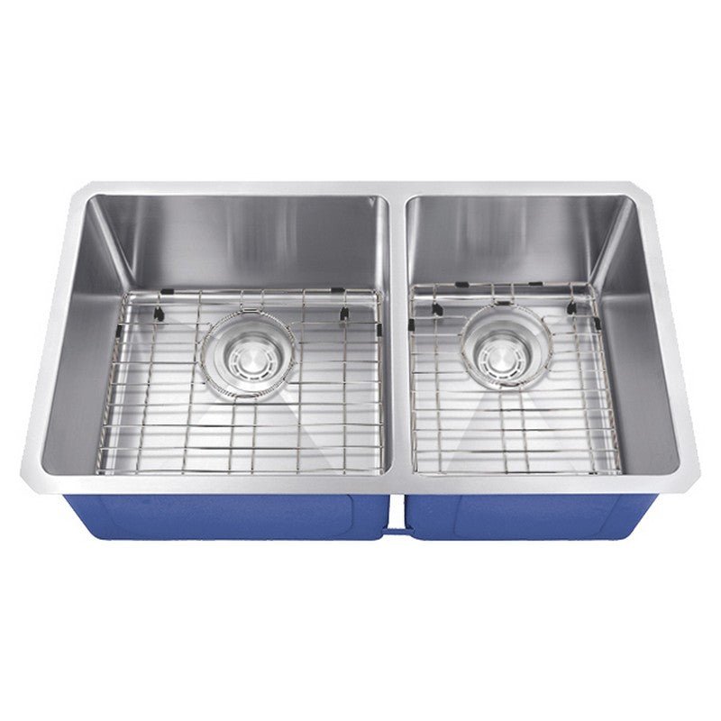 Dakota Sinks DSM-6040 Signature M-Series 32 Inch Micro Radius 60/40 Double Bowl Under-mount Kitchen Sink with Bottom Grid DSM-6040 Dakota Sinks Satin Brushed Nickel