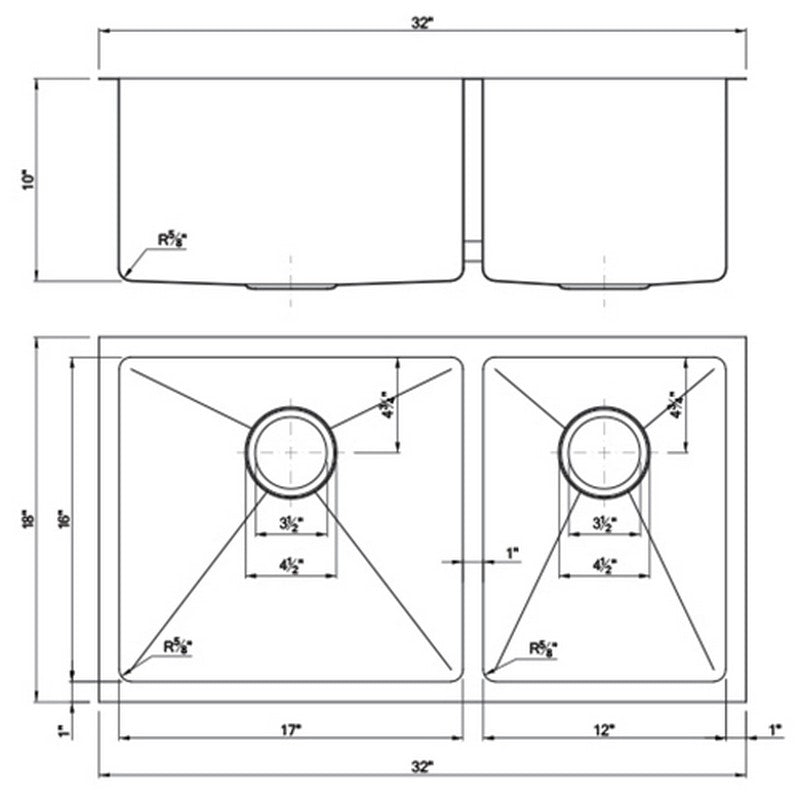 Dakota Sinks DSM-6040 Signature M-Series 32 Inch Micro Radius 60/40 Double Bowl Under-mount Kitchen Sink with Bottom Grid Dakota Sinks
