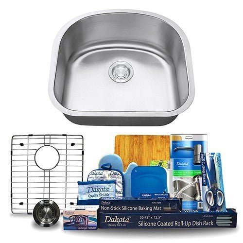 Dakota Sinks DSR-2321 Signature R-Series 23 1/4 Inch Standard Radius D-Single Bowl Undermount Stainless Steel Kitchen Sink with Bottom Grid - Satin Brushed Nickel Dakota Sinks