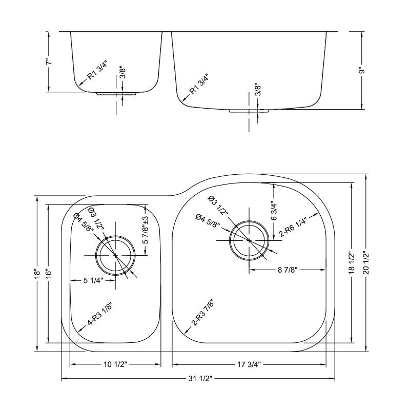 Dakota Sinks DSR-3070 Signature R-Series 31 1/2 Inch Standard Radius 30/70 Offset Double Bowl Undermount Stainless Steel Kitchen Sink with Bottom Grid - Satin Brushed Nickel Dakota Sinks