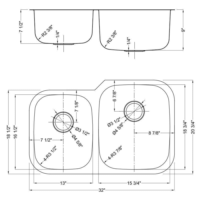 Dakota Sinks DSR-4060 Signature R-Series 32 Inch Standard Radius 40/60 Offset Double Bowl Undermount Stainless Steel Kitchen Sink with Bottom Grid - Satin Brushed Nickel Dakota Sinks