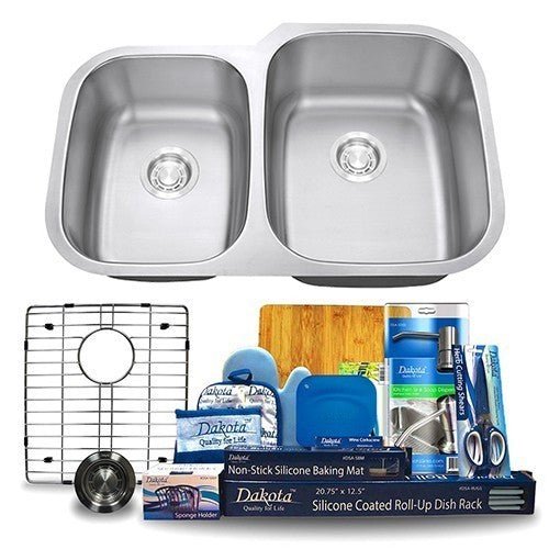Dakota Sinks DSR-4060 Signature R-Series 32 Inch Standard Radius 40/60 Offset Double Bowl Undermount Stainless Steel Kitchen Sink with Bottom Grid - Satin Brushed Nickel Dakota Sinks