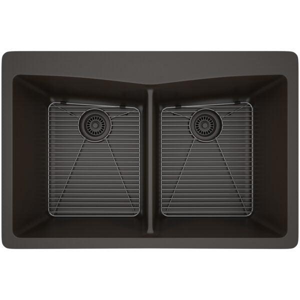 Dakota Sinks GSE-QC5050-W Builders Elements Series 33 Inch Quartz Composite 50/50 Low Divide Double Bowl Undermount Kitchen Sink GSE-QC5050-MO Dakota Sinks Mocha
