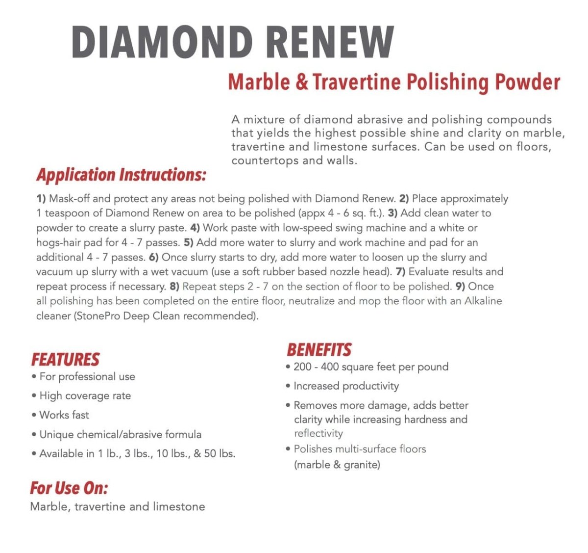 Diamond Renew - Marble/Limestone/Travertine Polishing Powder Stone Pro