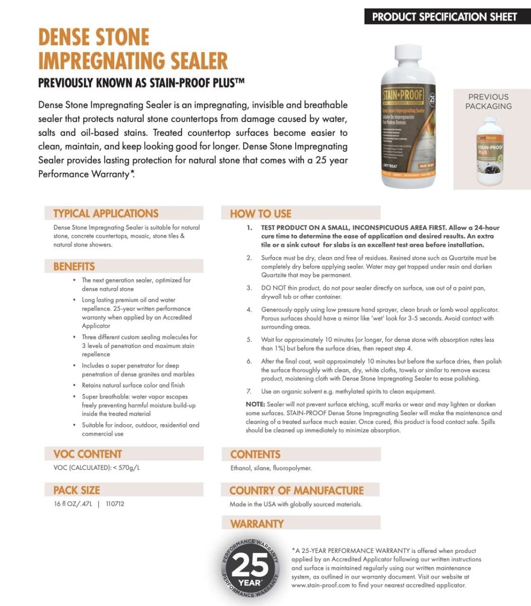 Dense Stone Impregnating Sealer- Dry Treat- Stainproof Plus Dry Treat