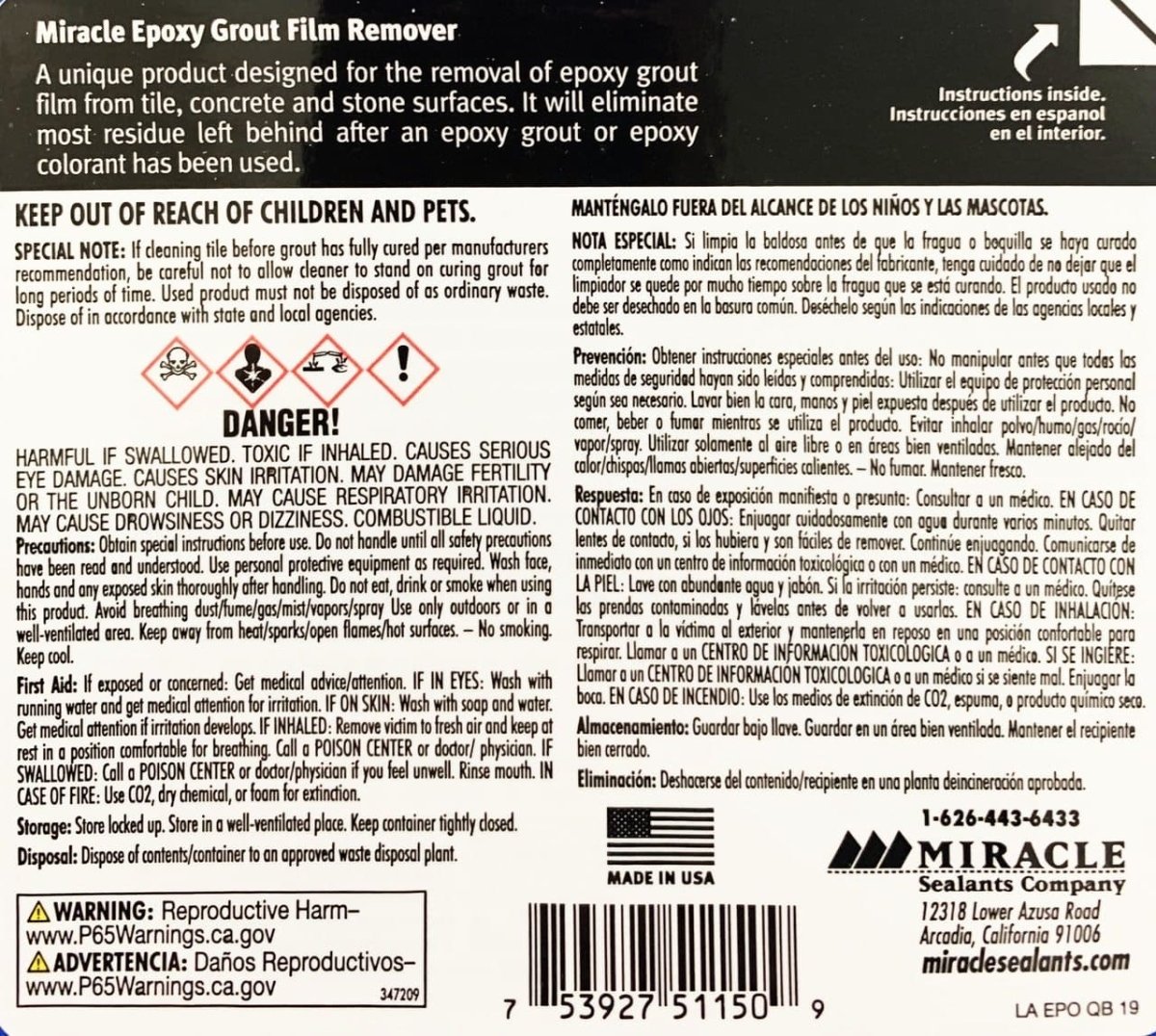 Miracle Epoxy Grout Film Remover - Case of 4 Miracle Sealants