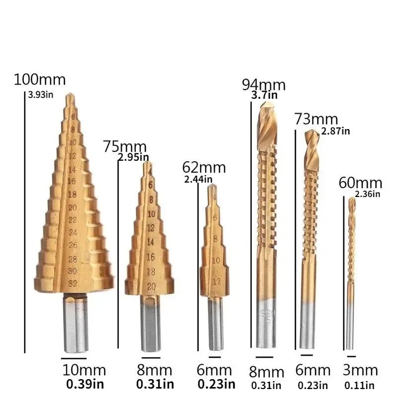 Titanium Step Drill Bits Drilling & Twisting Metal - 6 piece set Diamond Tool Store
