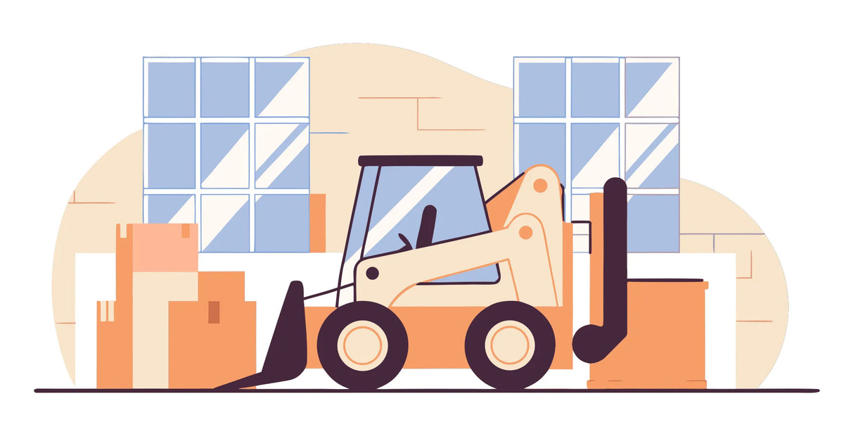 Heavy duty skid steer pallet forks lifting a heavy load in a warehouse.