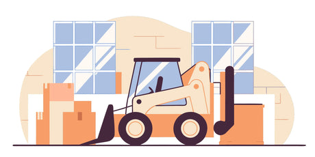 Heavy duty skid steer pallet forks lifting a heavy load in a warehouse.