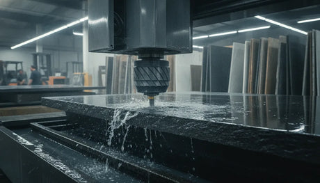CNC diamond tooling shaping a granite slab in a stone fabrication shop