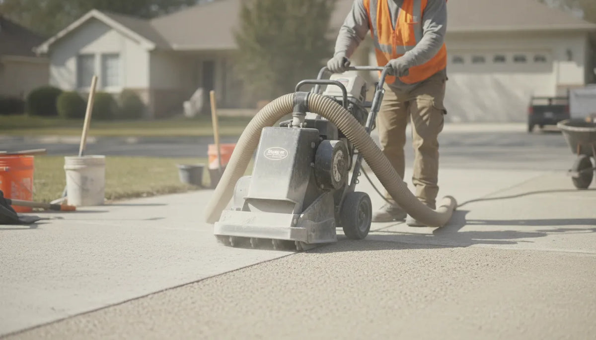 Contractor operating a compact walk-behind concrete scarifier on a residential driveway