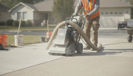 Contractor operating a compact walk-behind concrete scarifier on a residential driveway