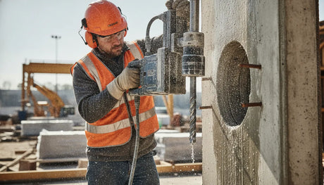 Worker drilling a clean core through a reinforced concrete slab with a diamond core bit