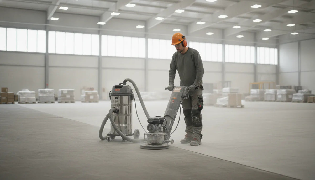 Contractor running a shroud-mounted concrete grinder connected to a HEPA dust extractor on a jobsite