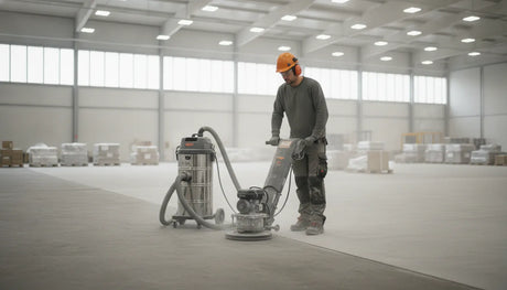 Contractor running a shroud-mounted concrete grinder connected to a HEPA dust extractor on a jobsite