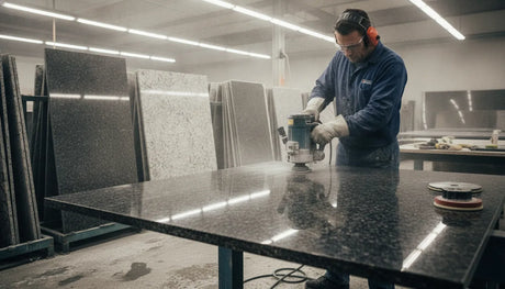 Water-cooled diamond router shaping a granite countertop edge
