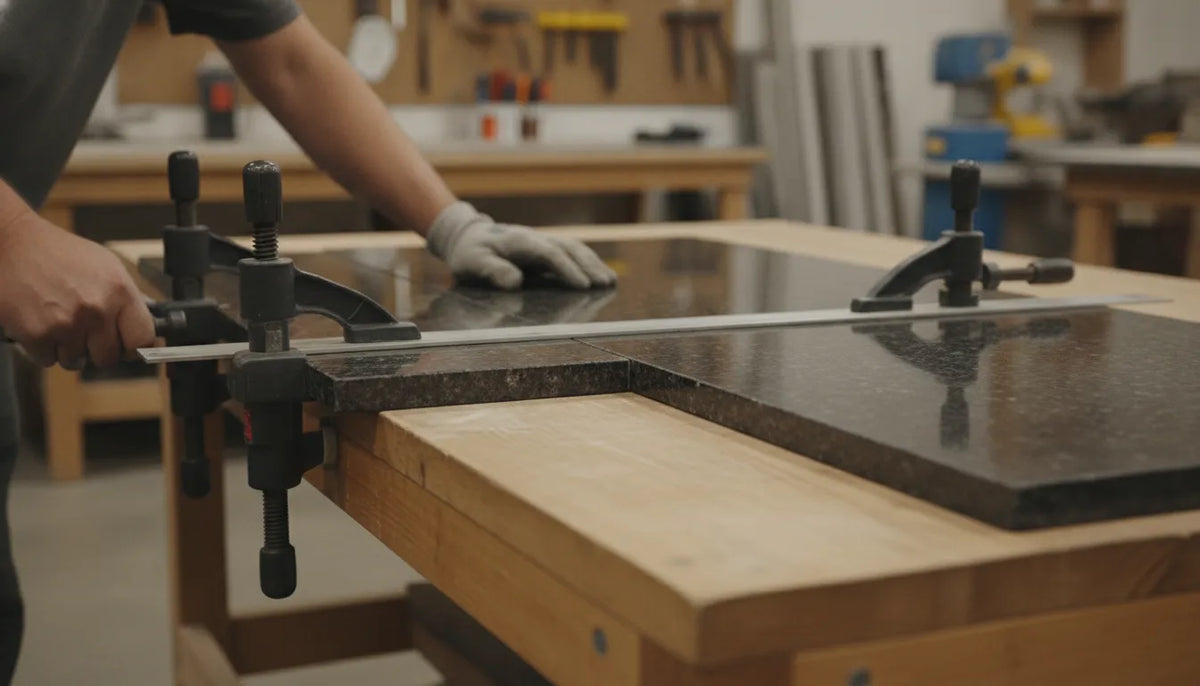 Fabricator aligning two granite countertop pieces with seam setter clamps and a flatness checker