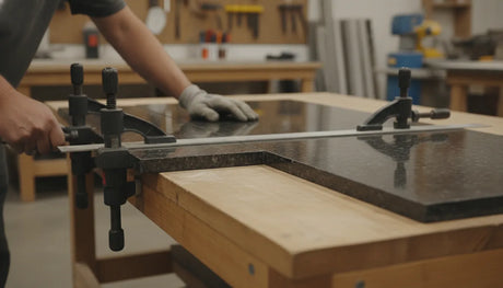 Fabricator aligning two granite countertop pieces with seam setter clamps and a flatness checker
