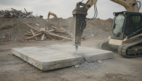 Skid steer using an attachment to process demolition debris