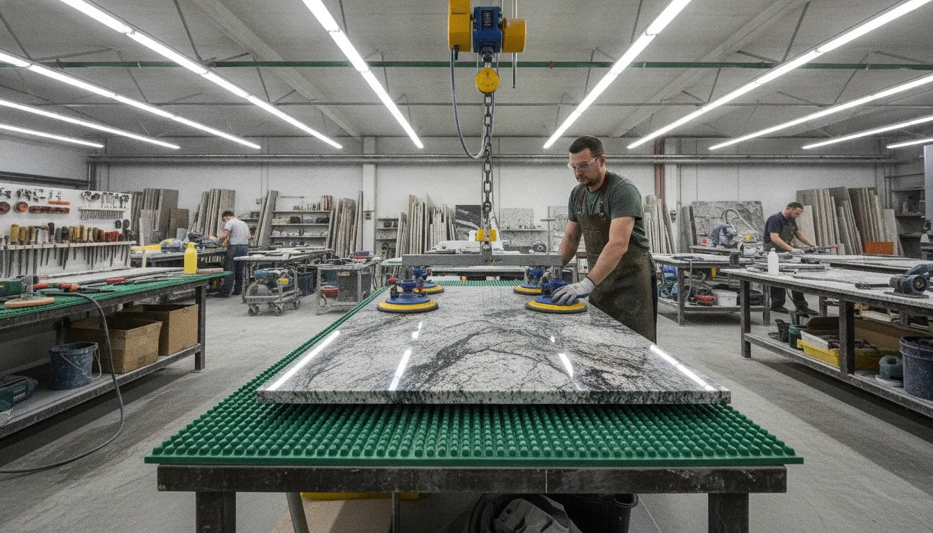 Stone fabricator positioning a slab on a protected fabrication work table
