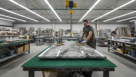 Stone fabricator positioning a slab on a protected fabrication work table