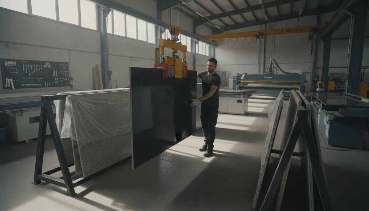Worker positioning a polished granite countertop slab with a mechanical slab lifter in a fabrication shop