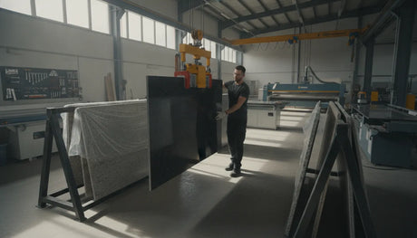 Worker positioning a polished granite countertop slab with a mechanical slab lifter in a fabrication shop