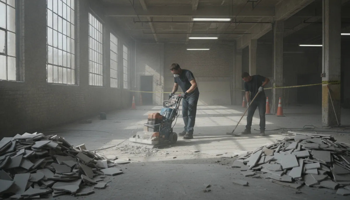 Contractor using tile removal equipment on a commercial concrete floor