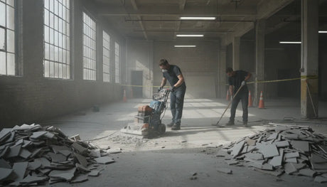 Contractor using tile removal equipment on a commercial concrete floor