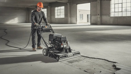 Contractor operating an electric tile stripper across a large ceramic tile floor
