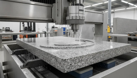 CNC diamond tooling cutting and finishing a granite workpiece in a fabrication shop