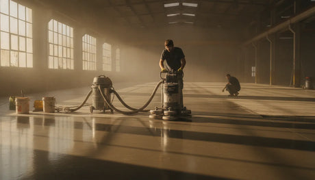 Contractor operating a planetary concrete floor polisher